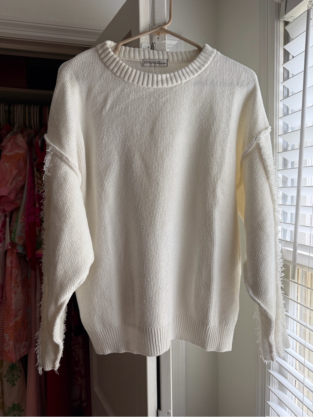 Zenana Outfitters White Crewneck Sweater with Frayed Sleeve Detail